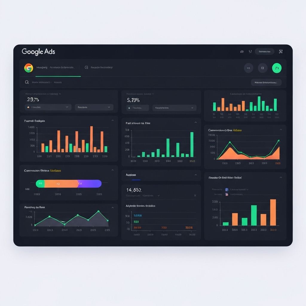 Professional Google Ads analytics dashboard with campaign performance metrics, charts, and KPIs